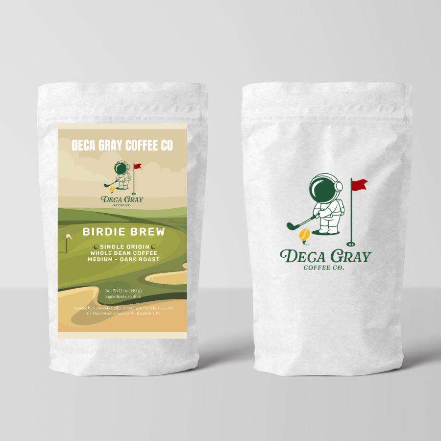 Two coffee bags from Deca Gray Coffee Co. on a light gray background